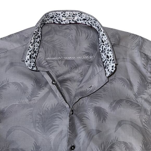 Bugatchi Uomo Gray Palm Tree Leaves Flip Cuff Button Up Long Sleeve Shirt Size M - Picture 5 of 13